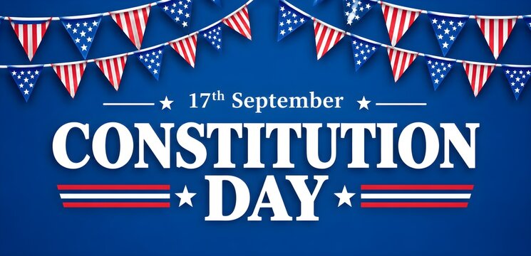 Constitution Day in USA celebration. Greeting banner design with bunting patriotic flags on blue background. - Vector