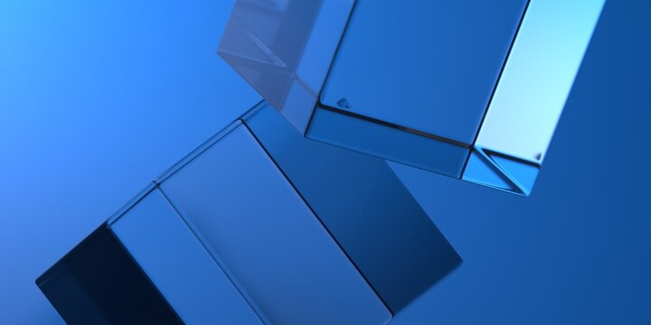 Abstract glass cubes on blue background, geometric design, 3d render