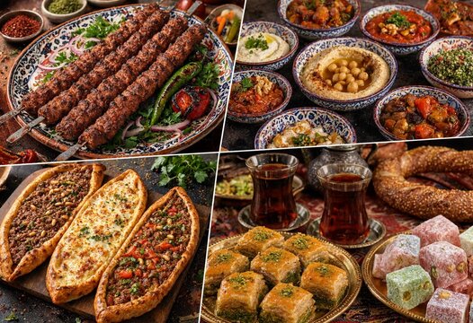 A lavish assortment of traditional Turkish cuisine featuring meat kebabs, mezzes, pide bread, baklava, and tea