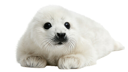 Fluffy white harp seal pup with large dark eyes and whiskers © Andrei