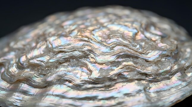 Macro shot of oyster shell surface displaying natural ridged texture and iridescent mother-of-pearl layers with subtle pink and blue reflections