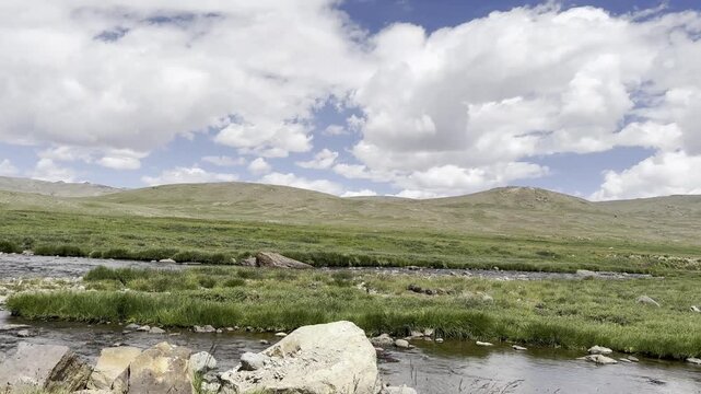 Rocky stream flows through grassy Deosai plains beneath rolling hills and cloudy sky, Bara Pani, Pakistan