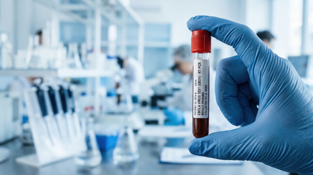 Hand in blue glove holding blood sample tube labeled for Ebola virus testing in a laboratory with glassware and pipettes in the background