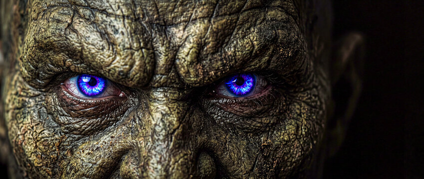 Scary Monster Face Close Up with Glowing Blue Eyes Dark Fantasy Halloween Banner