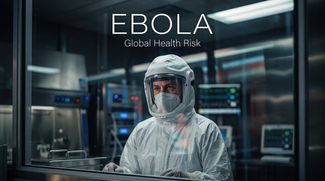 Medical professional in protective suit observes laboratory equipment while addressing Ebola virus research in a high-security containment facility