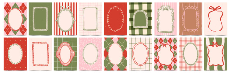 Obraz premium Christmas decorative frame set. Vintage&nbsp;Xmas backgrounds with ribbon bows, borders, argyle, gingham and striped patterns in doodle hand drawn style. Vector template for card, poster, holiday design