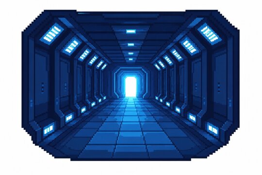 Pixel art style blue futuristic spaceship corridor with bright glowing light at end