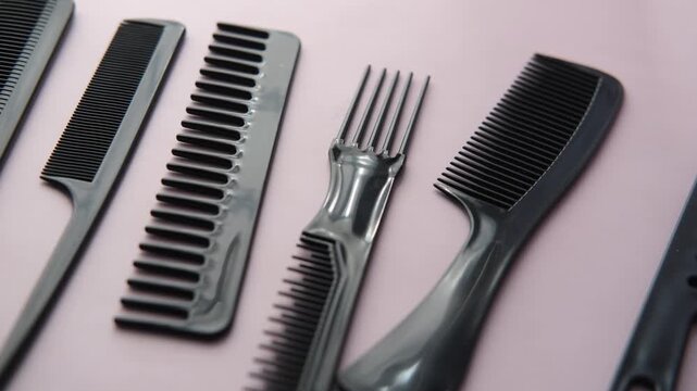 Close up shot of black hair combs and styling tools arranged on a pink background