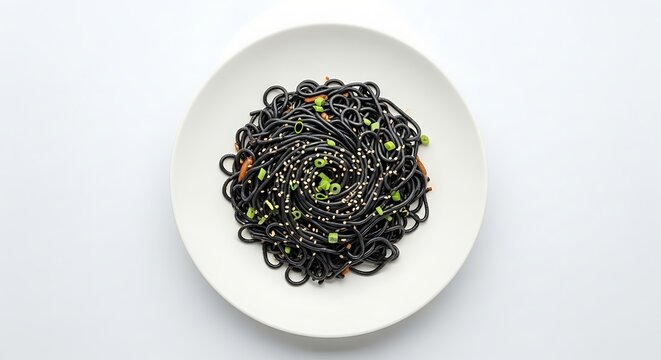 Spaghetti with squid ink and herbs.