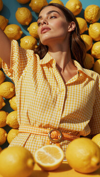Woman in yellow plaid shirt surrounded by lemons.