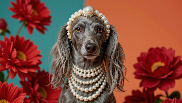 Elegant grey dog adorned with pearl headpiece and necklace.