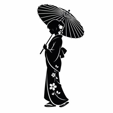 Black and white silhouette of a Japanese woman wearing a kimono holding an umbrella