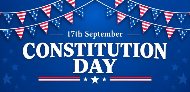 Constitution Day in USA celebration. Greeting banner design with bunting patriotic flags on blue background. - Vector