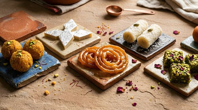 Delicious indian sweets assortment displayed on textured marble surfaces