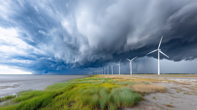 Offshore Wind Turbines as Storm Breaks with Golden Light &ndash; Clean Energy Landscape

