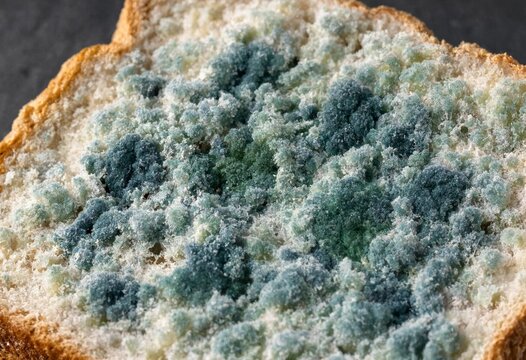 Macro close-up of a slice of white bread heavily infested with blue and green mold spores