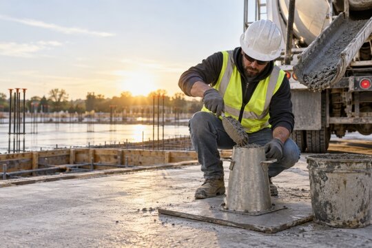 Construction worker performing a concrete slump test