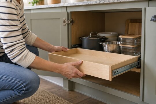 Woman installing a pullout shelf inside a kitchen cabinet