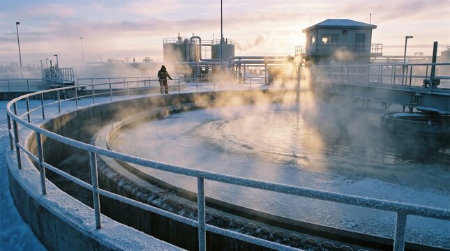 industrial water treatment plant with steaming sedimentation tank, frosted railings and processing equipment at winter sunrise