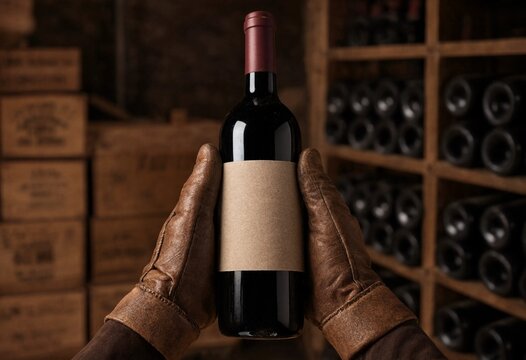 A pair of hands in vintage leather gloves holding a bottle of red wine with a blank label in a rustic winery cellar