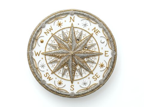 Vintage compass rose with cardinal directions and decorative stars in gold and cream tones