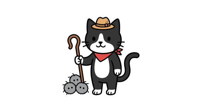 Tuxedo cat dressed as cowboy with staff and tumbleweeds.