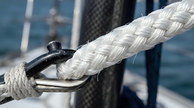 Nautical rope with metal carabiner clipped to white marine cord on sailboat deck
