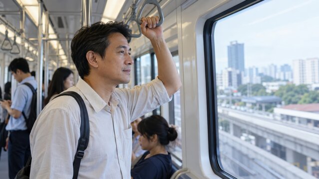 man stands inside a crowded train, holding a handrail and looking out the window at a cityscape during the daytime.