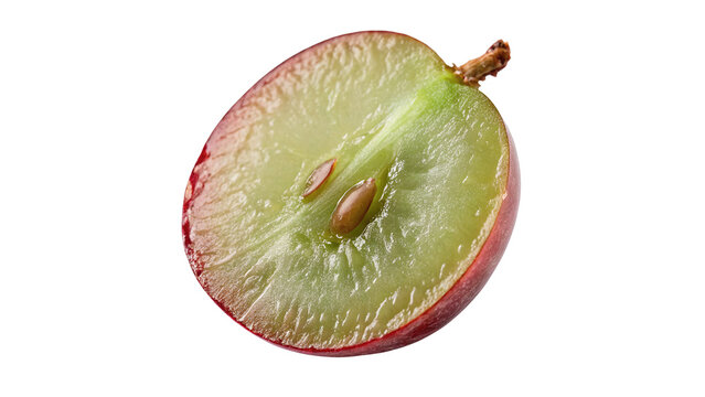 Fresh ripe red grape cut in half showing detailed internal seeds and juicy pulp texture