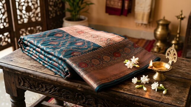 Elegant silk shawl displayed on rustic wooden table with vintage decor
