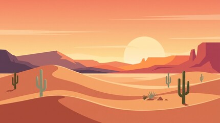 Fototapeta premium Flat vector illustration of a desert landscape with cacti and mesas under a warm sunset sky
