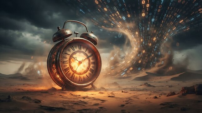 Surreal alarm clock standing in a desert landscape with a glowing digital vortex in the sky.