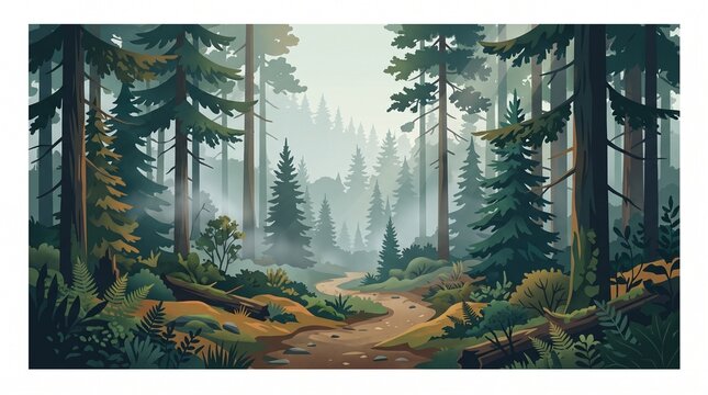 Winding dirt path through a misty pine forest with tall evergreen trees in a peaceful woodland setting