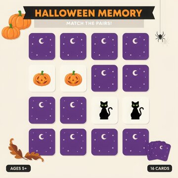 Halloween memory matching game cards with pumpkins, cats, and moon icons