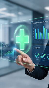 Digital interface displays health data, showing demographic reach and treatment approval, symbolizing healthcare innovation and analysis, with free space for text