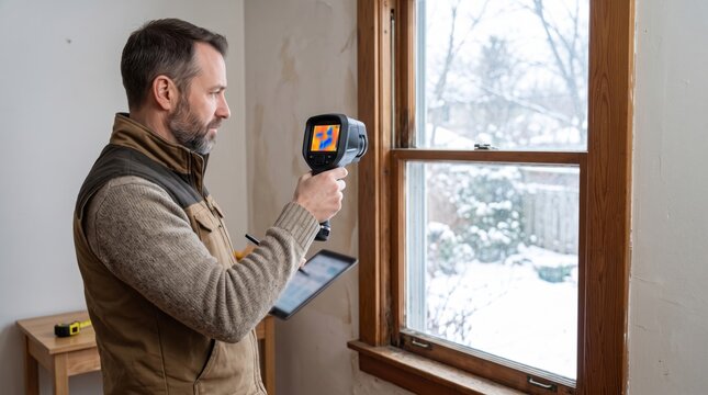 Home energy inspector scanning an old window for heat loss with a thermal camera