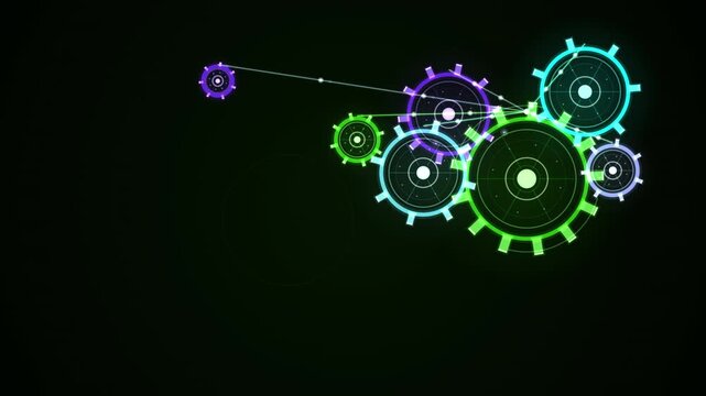 Neon glowing gears rotating in a seamless loop on a dark background