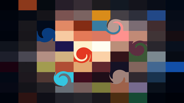 Grid of multicolored rectangular blocks with five swirling spiral icons in blue, pink, red, green, and cyan, arranged on a dark background