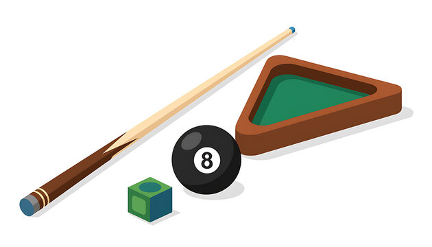 Vector illustration set of billiards and pool game elements including a cue stick, number 8 ball, triangle rack, and chalk.
