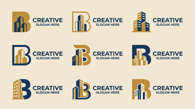 An array of stylish building logos designed for real estate branding, representing architecture, professionalism, and modernity, illustrating impactful visual identity effectively.