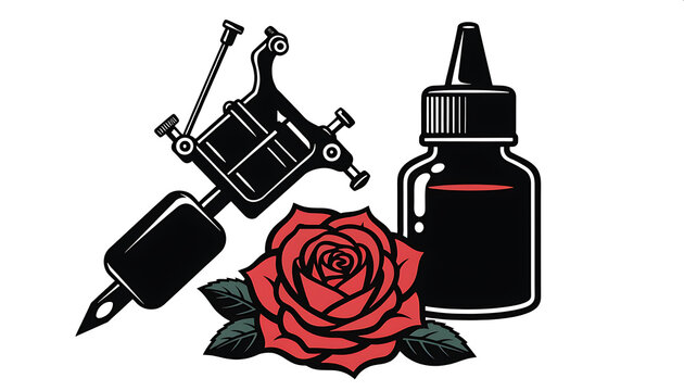 Vector illustration set of tattoo studio elements featuring a tattoo machine, an ink bottle, and a red rose.
