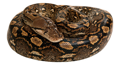 Fototapeta premium Coiled reticulated python with brown and black patterned scales