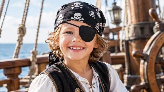 Smiling boy dressed as a pirate with a skull-patterned bandana, eyepatch and costume on a wooden ship, celebrating adventure and International Talk Like a Pirate Day