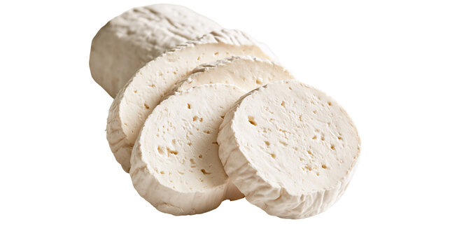 Sliced creamy goat cheese log with soft white rind and textured interior