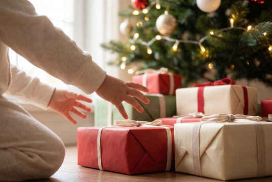 Young child in soft white pajamas reaches eagerly toward wrapped Christmas gifts beside a glowing decorated tree in a candid side view of surprise and discovery on a bright holiday morning at home