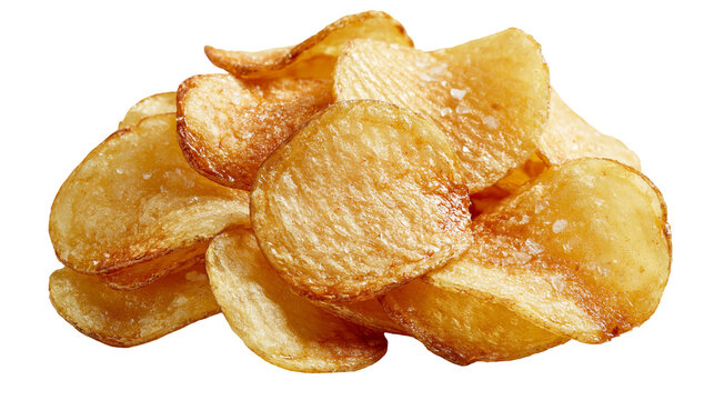 Golden crispy potato chips with sea salt crystals