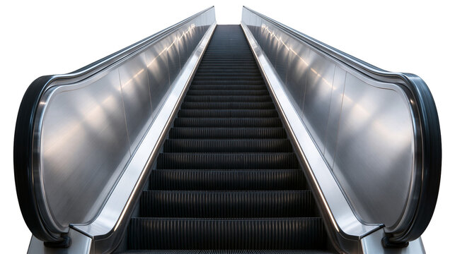 Modern stainless steel escalator with black rubber steps and metallic side panels