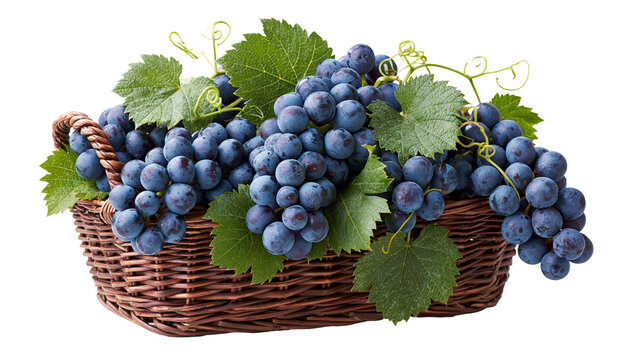 Fresh dark purple grapes with green leaves in a woven brown wicker basket