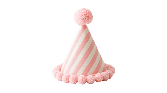 Pink and white striped party hat with pompom trim and top pompom