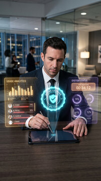 Man interacting with futuristic holographic interface showing analytics and system status, symbolizing business technology and data visualization